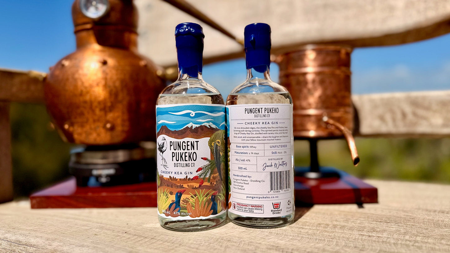 Two bottles of Cheeky Kea Gin with a scenic label, placed in front of copper stills.